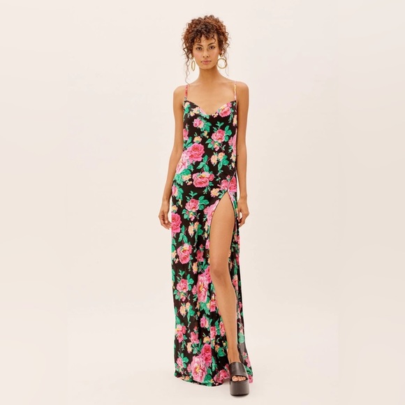 FOR Love & Lemons Becca Floral Maxi Dress Slit Black Pink Peonies Roses Tie Back - Picture 1 of 16